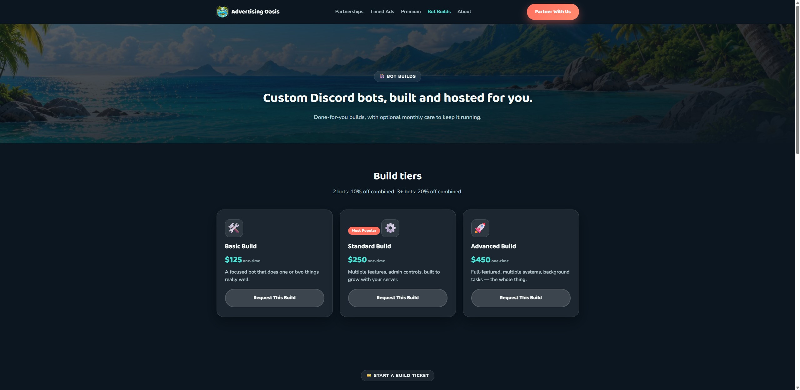 Advertising Oasis's live Bot Builds page, a Discord bot service built and run by BlackVortex Digital