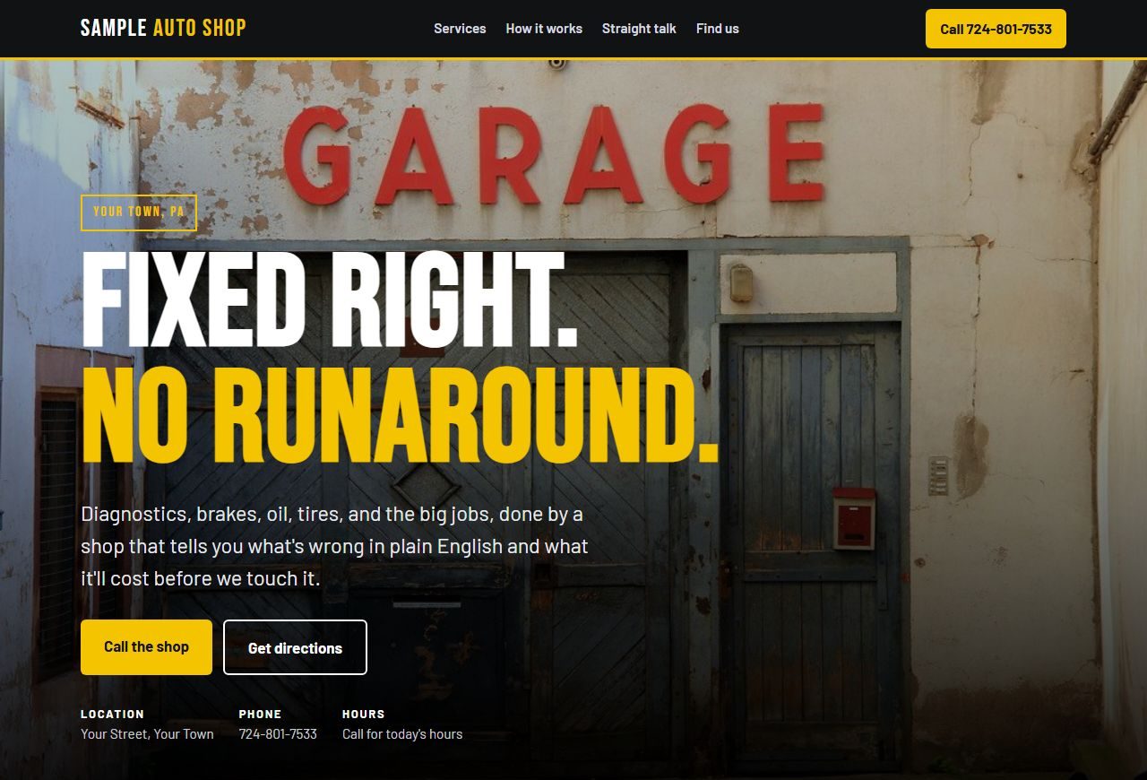 A sample one-page website for an auto repair shop, built by BlackVortex Digital
